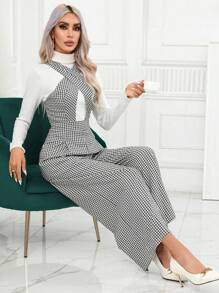 SHEIN Privé Gingham Print Wide Leg Jumpsuit Without Tee - Black and White - View 7