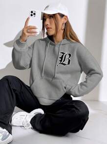 SHEIN EZwear Áo nỉ có mũ trùm đầu in chữ hàng ngày dành cho nữ, mùa thu - Màu xám đen - Xem 3