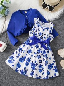 SHEIN Young Girl Floral Print Bow Front Dress & Ruffle Trim Jacket,Holiday,Summer,Travel - Blue and White - View 1