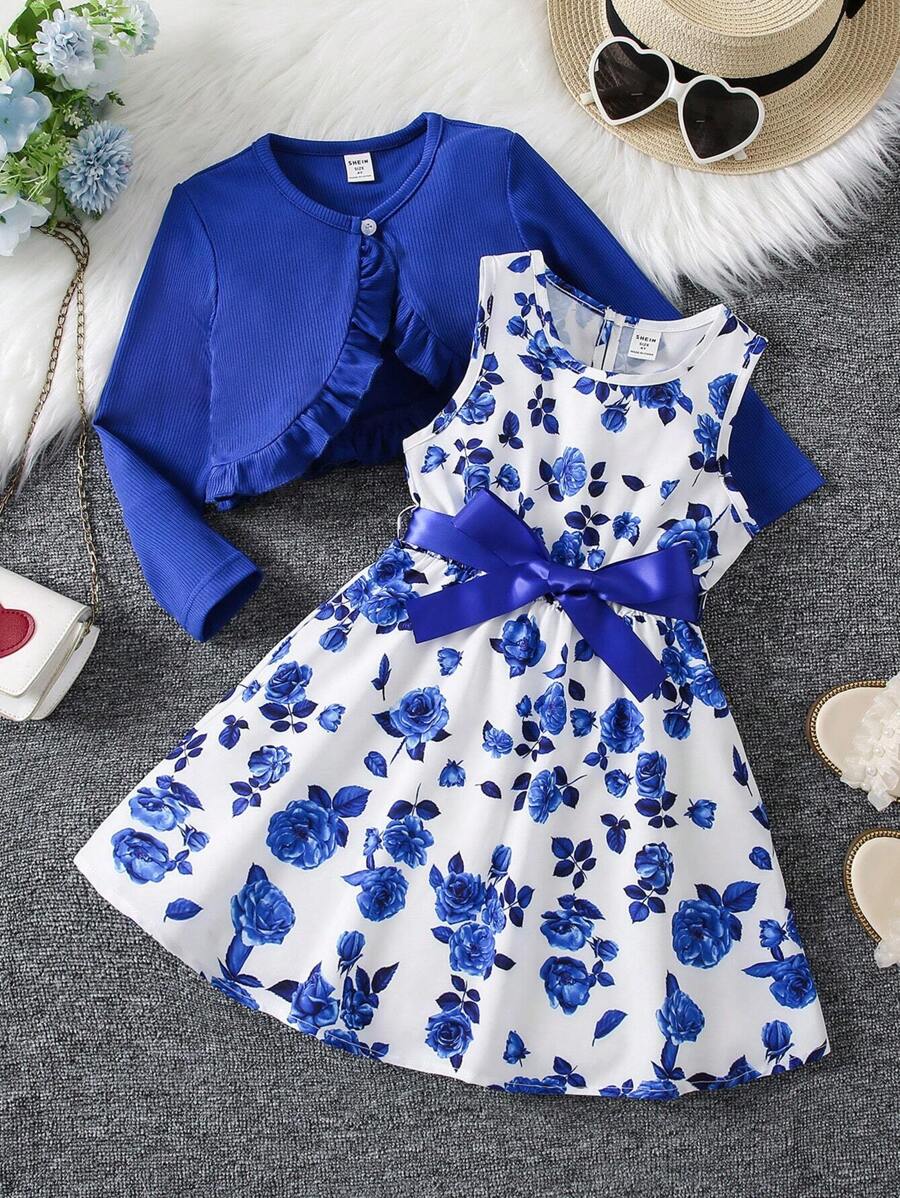 SHEIN Young Girl Floral Print Bow Front Dress & Ruffle Trim Jacket,Holiday,Summer,Travel - Blue and White - View 1