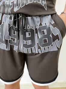 Manfinity VCAY Men Letter Graphic Contrast Trim Tank Top & Shorts - Coffee Brown - View 4