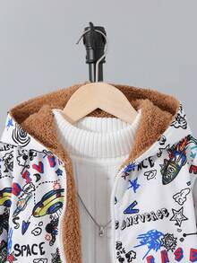 SHEIN Cậu bé Tween Chữ cái & Đồ họa hoạt hình Lót Teddy Áo trùm đầu - Nhiều màu - Xem 5