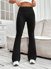 SHEIN EZwear 純色喇叭黑褲 - 黑色 - 查看 4