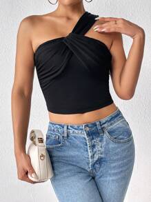 SHEIN Privé 單肩前扭結短款上衣 - 黑色 - 查看 1