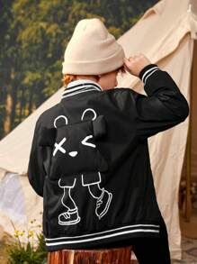 SHEIN Tween Boy 1pc Cartoon Graphic Striped Trim Slant Pockets Drop Shoulder Varsity Jacket - Black - View 1