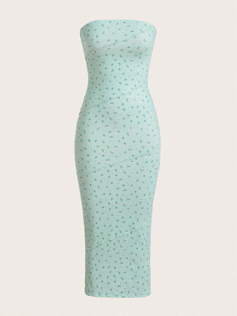 SHEIN Qutie 碎花抹胸緊身連衣裙 - 彩色 - 查看 1