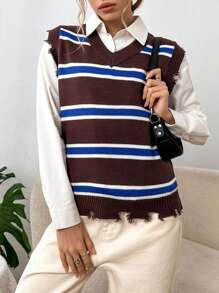 SHEIN Unity Striped Pattern Raw Trim Sweater Vest - Multicolor - View 3