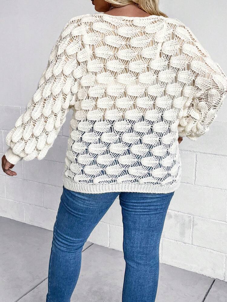 Plus Pointelle Knit Lantern Sleeve Sweater Without Bra Knit Pullover Fall Winter Sweater