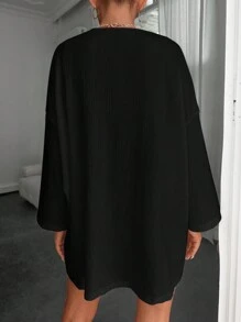 EURMUSE Solid Drop Shoulder Open Front Kimono, For Summer Beach Vacation - Black - View 2