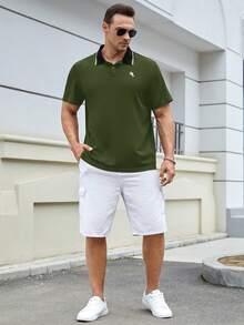 GENTILAND 男士大码刺繡馬圖案拼接領POLO衫 - 軍綠色 - 查看 3