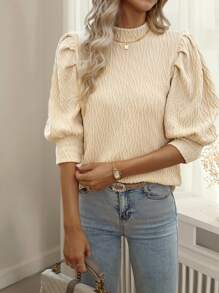 SHEIN Privé Solid Puff Sleeve Mock Neck Tee - Apricot - View 1