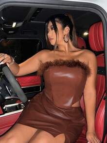 SHEIN Coolane Plus Fuzzy Trim PU Leather Tube Top - Rust Brown - View 3