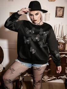 Calvaya Plus Halloween Rhinestone Butterfly Pattern Sweatshirt - Black - View 5