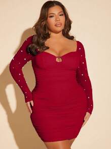 SHEIN SXY 大碼珍珠串珠鏤空褶邊緊身洋裝 - 紅色 - 查看 5