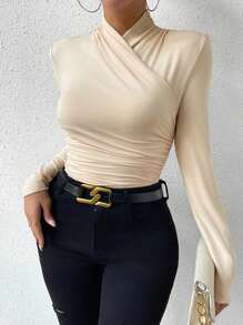 Chiquease Solid Ruched Side Wrap Cross Tee - Apricot - View 5