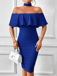 SHEIN Privé Ruffle Trim Bodycon Dress - Royal Blue - View 1