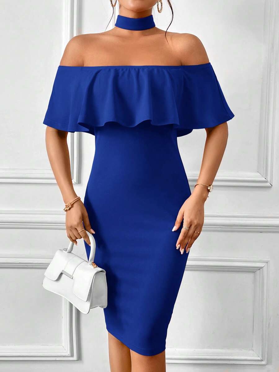 SHEIN Privé Ruffle Trim Bodycon Dress - Royal Blue - View 1