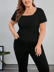 SHEIN Essnce Plus Solid Ruched Side Tee - Black - View 1