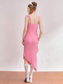 SHEIN MOD 荷葉邊不對稱下擺洋裝 - 粉色 - 查看 4