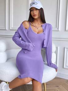 SHEIN Unity Chất rắn Váy len yếm & Nút phía trước Áo len Mở - Màu tím - Xem 3