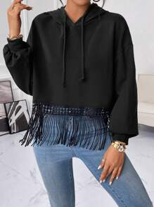 SHEIN Essnce Fringe Hem Drop Shoulder Drawstring Hooded Sweatshirt - Black - View 1
