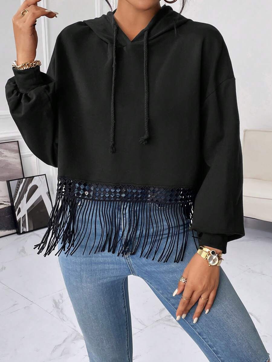 SHEIN Essnce Fringe Hem Drop Shoulder Drawstring Hooded Sweatshirt - Black - View 1