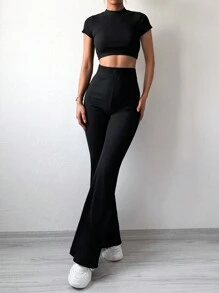 EURMUSE Solid Crop Tee & Flare Leg Pants - Black - View 3