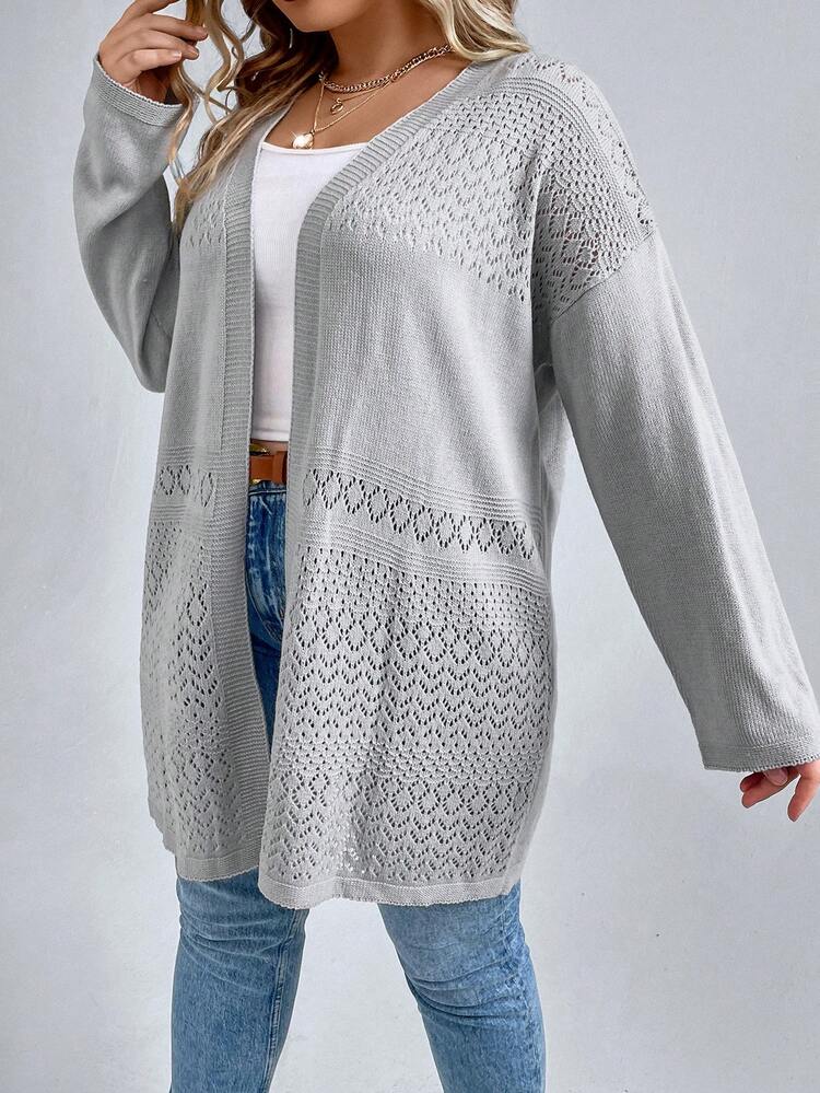 Plus Size Pointelle Knit Drop Shoulder Cardigan