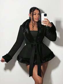 SHEIN SXY Plus Size Casual Solid Color Fuzzy Jacket, Autumn Winter Fall - Black - View 1