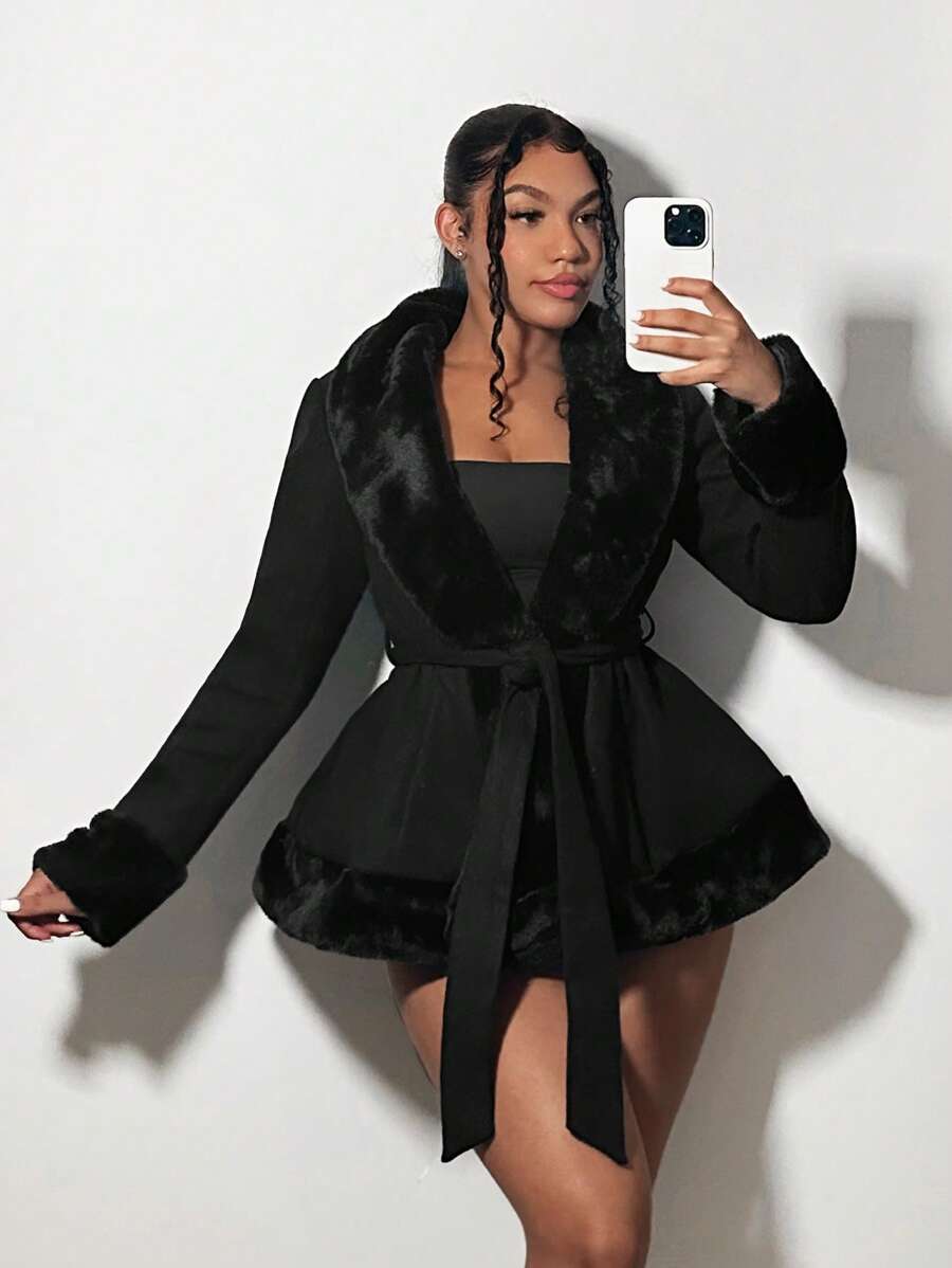 SHEIN SXY Plus Size Casual Solid Color Fuzzy Jacket, Autumn Winter Fall - Black - View 1