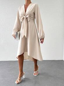 SHEIN Cottnline Solid Knot Front Lantern Sleeve High Low Hem Dress - Beige - View 5