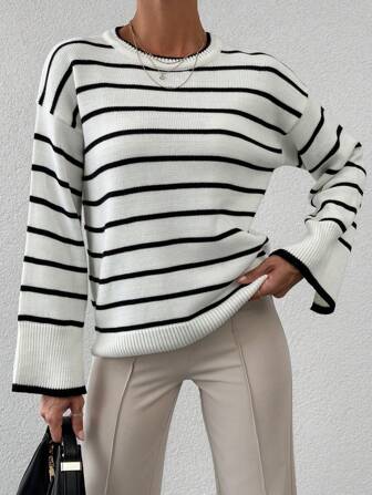 Striped Pattern Drop Shoulder Sweater