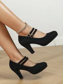 Giày cao gót Mary Jane đế vuông mũi tròn đế xuồng chống thấm nước thiết kế khóa kép dành cho nữ dịp Giáng sinh, thanh lịch, chất liệu da lộn giả, màu đen, thoải mái, có đệm, không gây mỏi, giày cao gót công sở/đi làm, mùa xuân/thu - màu đen - Xem 3
