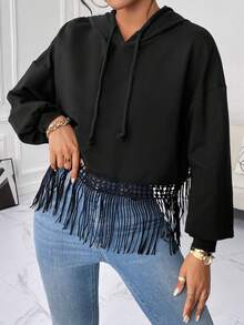 SHEIN Essnce Fringe Hem Drop Shoulder Drawstring Hooded Sweatshirt - Black - View 5