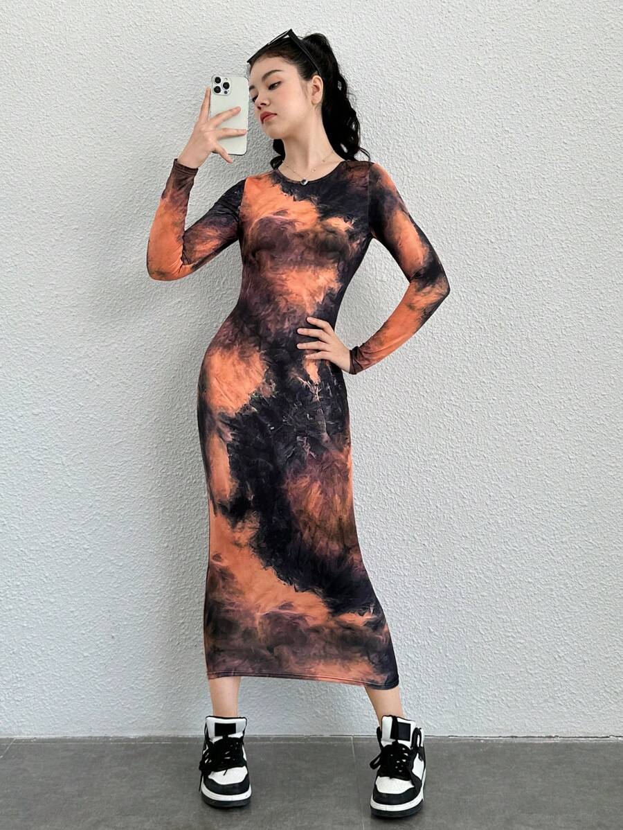 SHEIN 少女扎染针织圆领长袖修身长裙