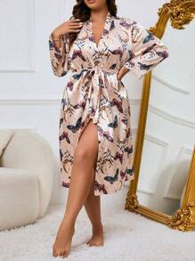 Plus Butterfly Print Belted Satin Robe Without Lingerie Set Luxeloungewear, Fall - Apricot - View 6