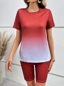 SHEIN LUNE Ombre Tee & Biker Shorts - Red - View 3