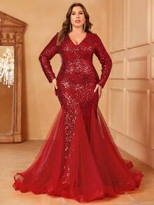 Faeriesty Plus Mesh Panel Sequin Party Dress - Red - View 2