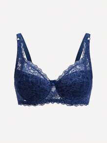 Floral Lace Underwire Bra Lingerie - Navy Blue - View 7