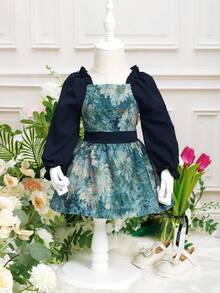 女嬰印花燈籠袖洋裝 - 藍色 - 查看 6