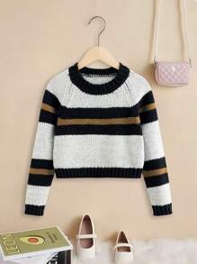 SHEIN Chica preadolescente Jersey con patrón de rayas de manga raglán