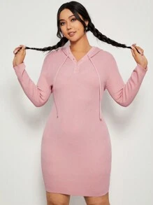 SHEIN EZwear Hơn Nút phía trước Dây rút áo có mũ Đầm Áo len - Bụi hồng - Xem 5