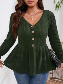 INAWLY Talla grande Camiseta con botón delantero peplum - Verde militar - Ver 6