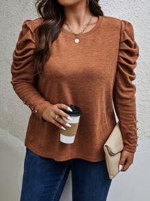Calvaya Plus Button Detail Gigot Sleeve Tee - Brown - View 4