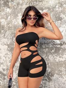 SHEIN SXY Cut Out Tube Unitard Romper - Black - View 6