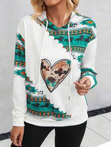 SHEIN LUNE Heart & Geo Print Kangaroo Pocket Drop Shoulder Drawstring Hoodie - White - View 3