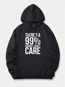 Men Slogan Graphic Kangaroo Pocket Drawstring Hoodie - Black - View 1
