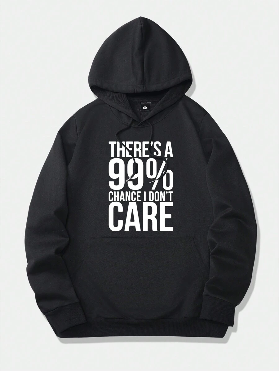 Men Slogan Graphic Kangaroo Pocket Drawstring Hoodie - Black - View 1