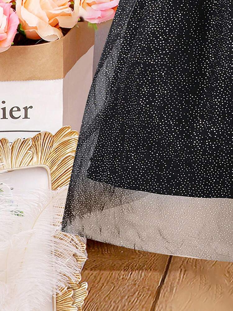 Young Girl Lapel Neck Single Button Jacket & Mesh Overlay Skirt