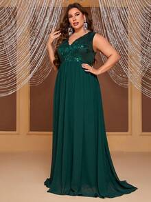 YISIKADO Plus Contrast Sequin Party Dress - Dark Green - View 4